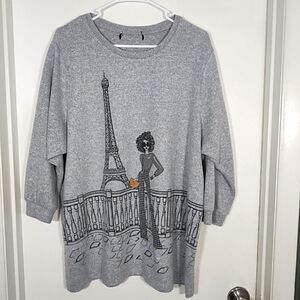 Love + Lace Women's 3X Sweater Top Gray 3/4 Sleeve Eiffel Tower Sparkle- READ